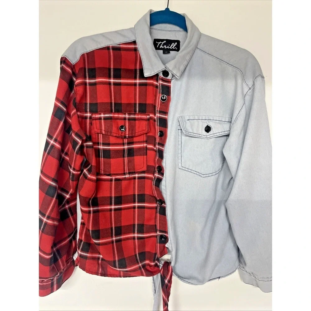 Half Plaid Half Denim Womens 100% Cotton XL Tie Front Grunge Festival Shacket
